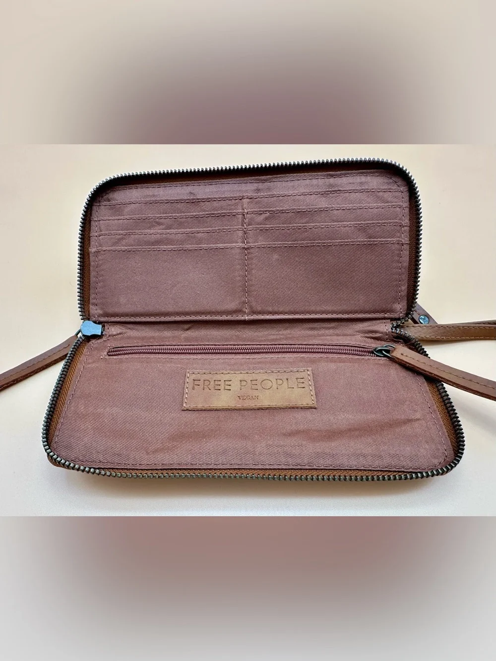 Free People Vegan Leather Zip Around Wallet Wristlet Tan Brown